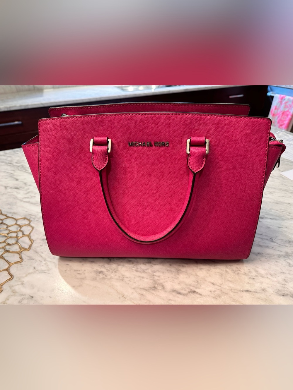 Michael Kors SELMA Hot Pink Saffiano Leather Satchel with Gold Hardware